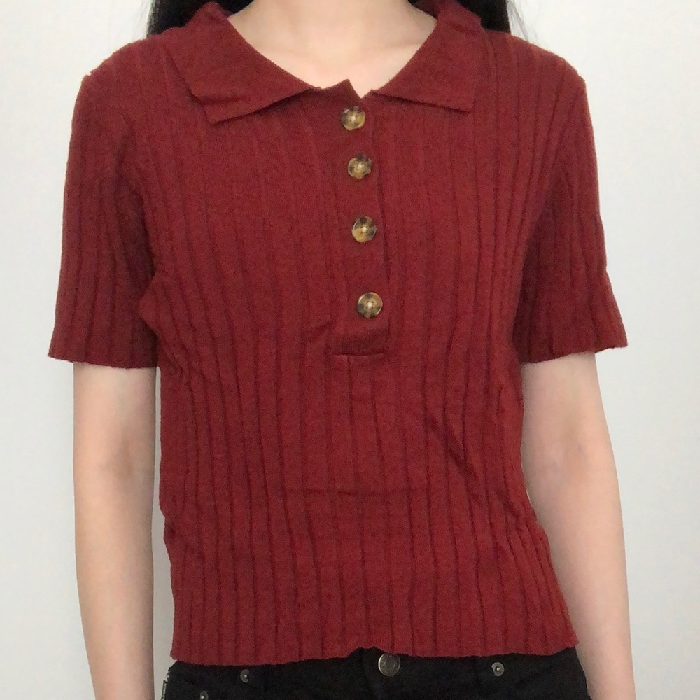 Red Ribbed Button-Up top